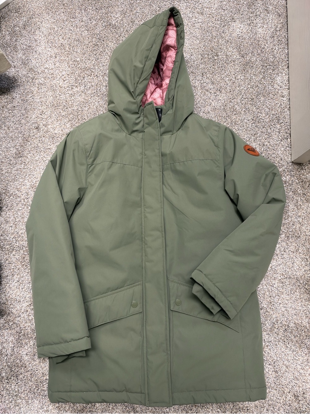 Roxy Kids Olive Green Hooded Puffer Coat with Pink Lining